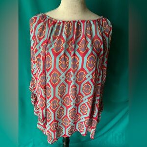 R. Rouge Women’s 2XL Red and Blue Geometric Bohemian Top, Ruffled Sleeves, EUC
